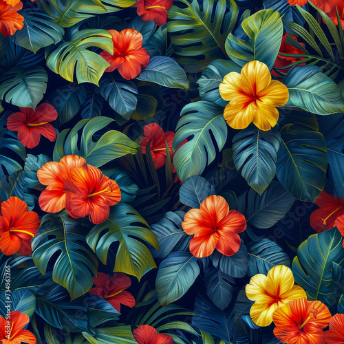 Tropical rainforest leaves and flowers as background  ai generated