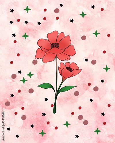line art drawing of flowers on a watercolor background with doodle parterre. ...