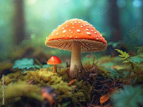 fly agarics in the forest on autumn foliage