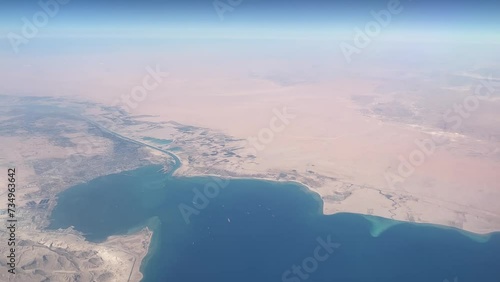 Suez Canal. View from the window of the aircraft. Aerial photography.