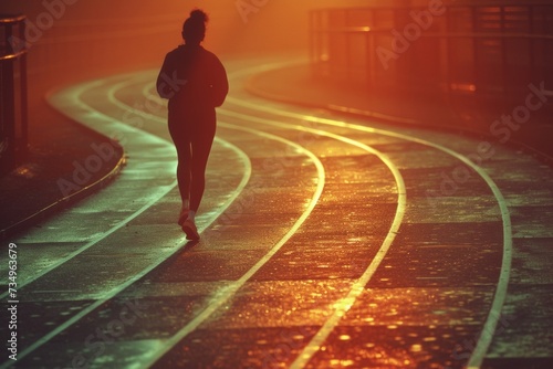 Silhouette of a woman running on a glowing track at dusk, fitness and determination