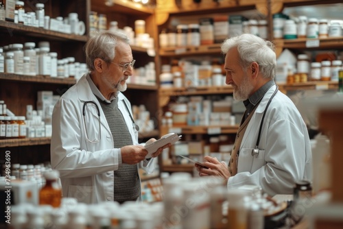 Two pharmacists discussing medication in a pharmacy, healthcare professionalism