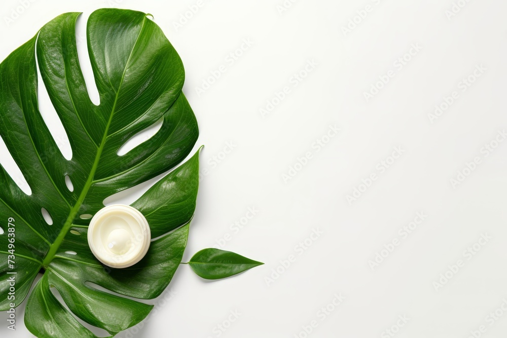 Monstera leaf and lip balm a concept for lip care on a white background - obrazy, fototapety, plakaty 