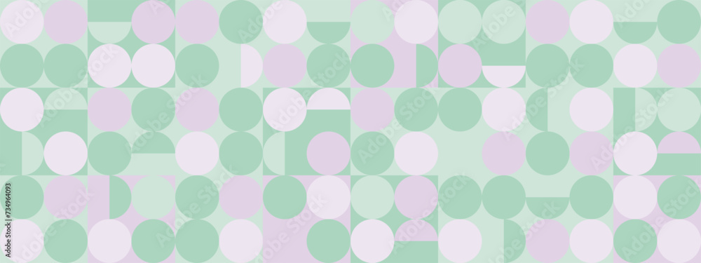 Seamless trendy green and lavender background with circles and squares for textiles or covers. Mosaic with purple and pistachio geometric shapes texture, template for web intro.