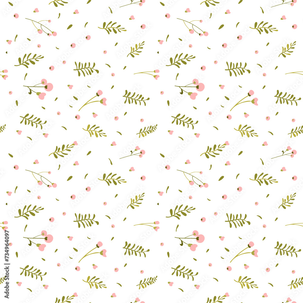 Botanical seamless pattern hand drawn. White background with delicate flowers and leaves. Minimalist style. Blooming cotton. Vector illustration.