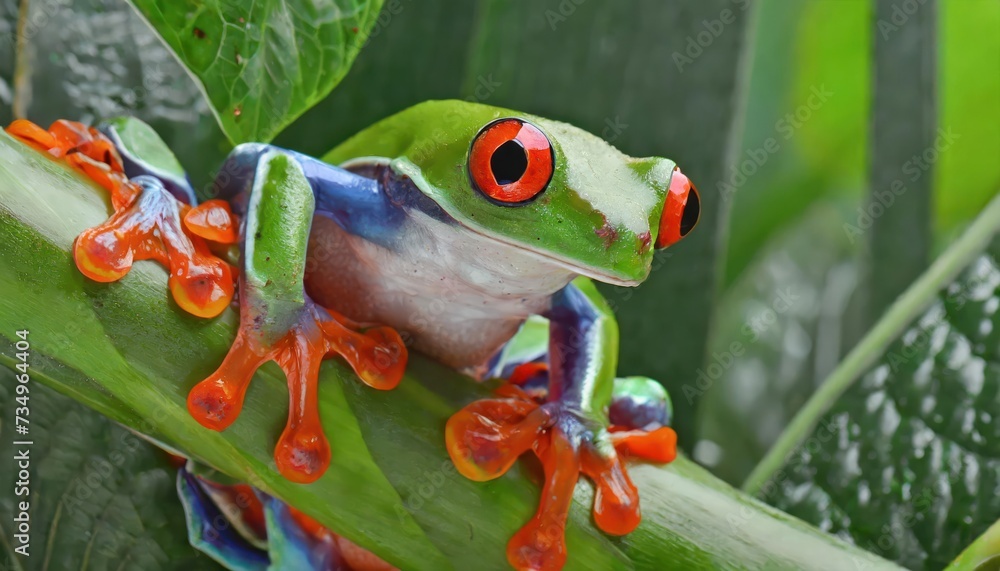 Fototapeta premium Red-eyed tree frog closeup on leaves, Red-eyed tree frog (Agalychnis callidryas) looks over leaf edge