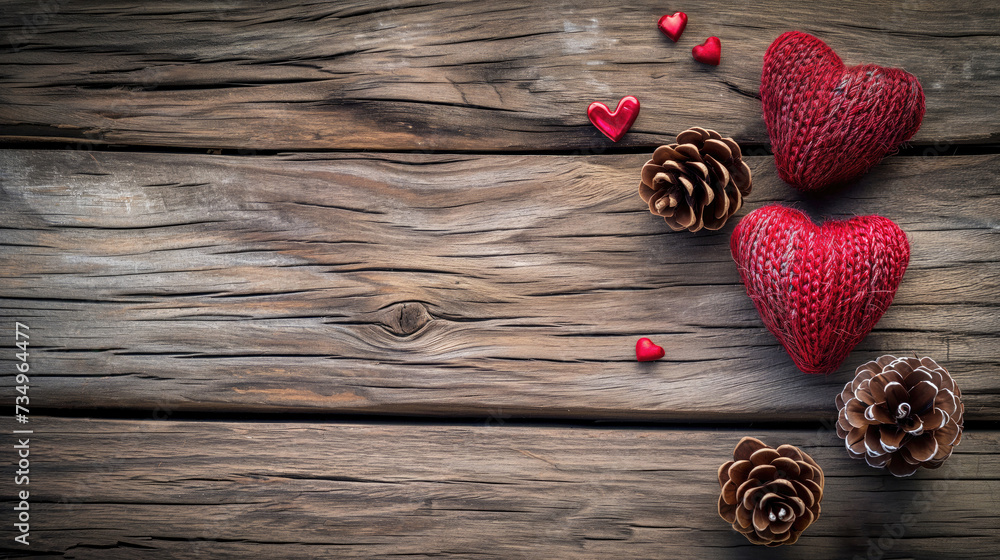 Rustic wooden background with red heart-shaped decorations and pine cones, copy space, perfect for Valentine's Day themed designs or love-related content. High quality illustration Rustic wooden background with red heart-shaped decorations and pine cones, copy space, perfect for Valentine's Day themed designs or love-related content. High quality illustration