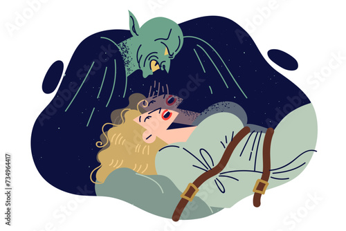 Devil has kidnapped and tied up frightened girl, and sucks soul out victim in young girl nightmare