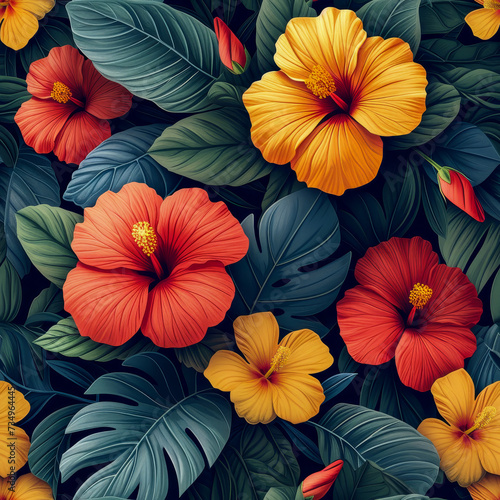 Wallpaper Mural Tropical rainforest leaves and flowers as background, ai generated Torontodigital.ca