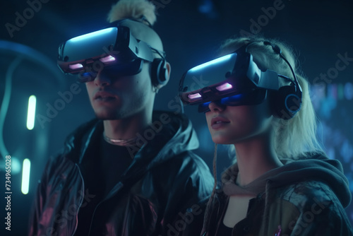 a cyberpunk young couple in virtual reality glasses get a new interesting experience. young couple is having fun together Generative AI