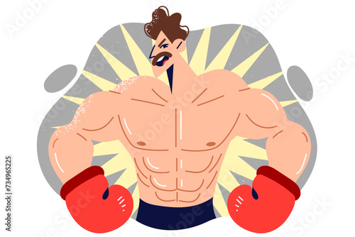 Aggressive man in boxing gloves is ready to fight for champion title and wants to receive cup