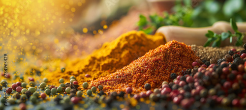 Vibrant close-up of colorful spices and herbs with dynamic lighting and textures