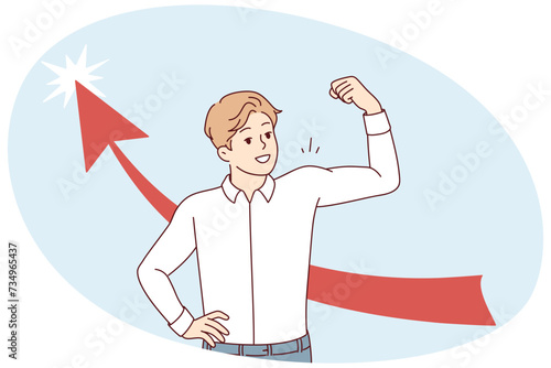 Happy man in white shirt showing biceps while standing near arrow pointing up. Strong guy shows off muscles in arms after visiting fitness club or business success. Flat vector illustration