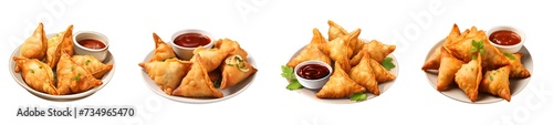 Set of food plate with vegetarian indian samosas isolated on a transparent or white background