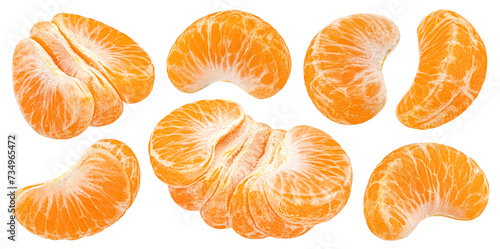 Tangerine segments, peeled mandarins isolated on white background