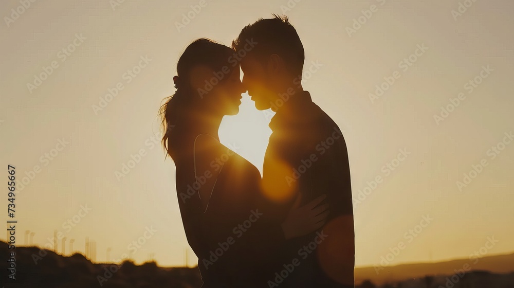 Embracing Couple Silhouette at Sunset AI Generated.