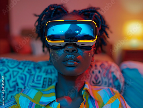 Dark-skinned girl on the couch wearing virtual reality goggles. Generative AI