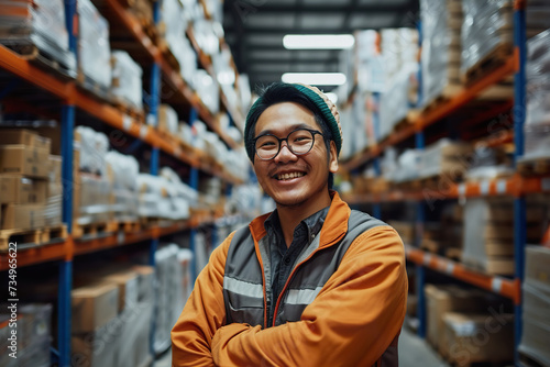 Warehouse Asian Employee in Storage Aisle with full shelves
