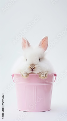 A white fluffy rabbit looks out of a pink bucket. Copy space. Greeting card concept. Generative AI