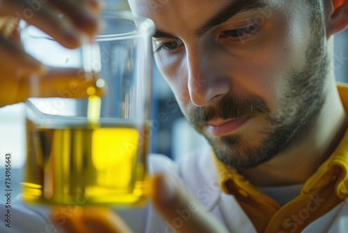 researcher examining the viscosity of oil in a glass container
