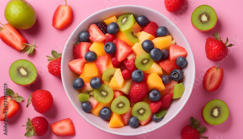 Bowl of healthy fresh fruit salad on pink background
