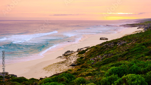 Sunset at De Hoop Nature Reserve South Africa Western Cape, the most beautiful beach in South Africa with the white dunes at the de hoop nature reserve which is part of the garden route during summer photo