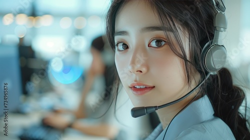 Asian young woman call center operator wearing headphones with a microphone