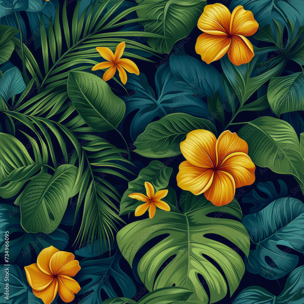 Fototapeta premium Tropical rainforest leaves and flowers as background, ai generated
