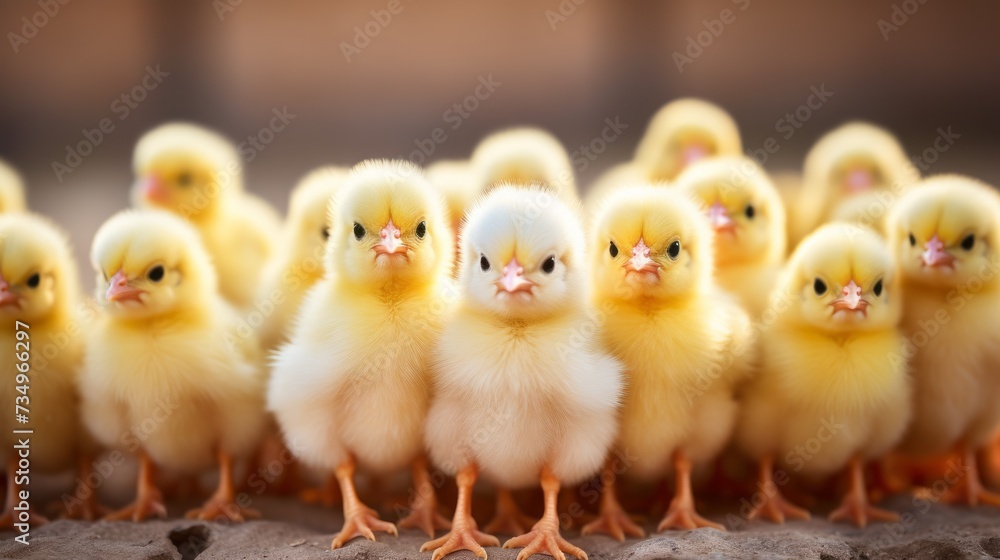 Close-up portrait of cute little yellow chickens in a barn.