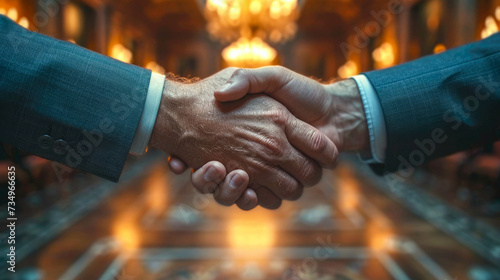 Close-up image of two businessmen shaking hands in a hotel lobby