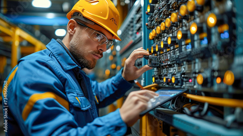 Technician working on control panel in factory. Selective focus