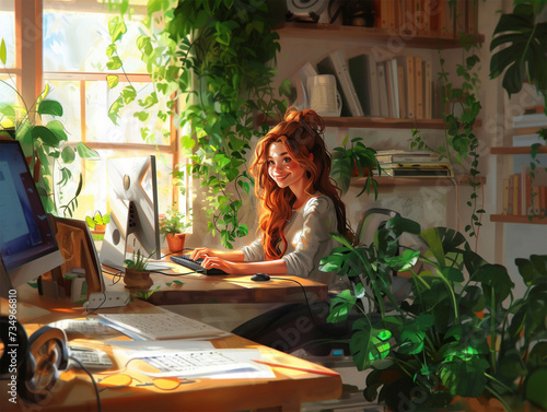Illustration drawing of redheaded girl at computer at desk sunny bright. Generative AI