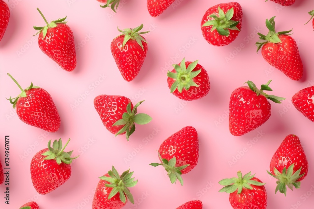 Fresh red strawberry pattern on isolated pink pastel. Generative AI Fresh red strawberry pattern on isolated pink pastel. Generative AI