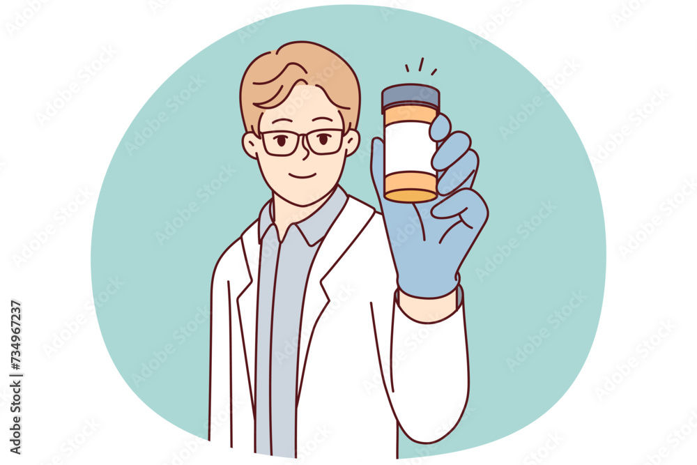 Man doctor in white coat shows jar of pills recommending use of medicines for health treatment. Pharmacy professional guy demonstrating vitamins to improve immunity. Flat vector illustration