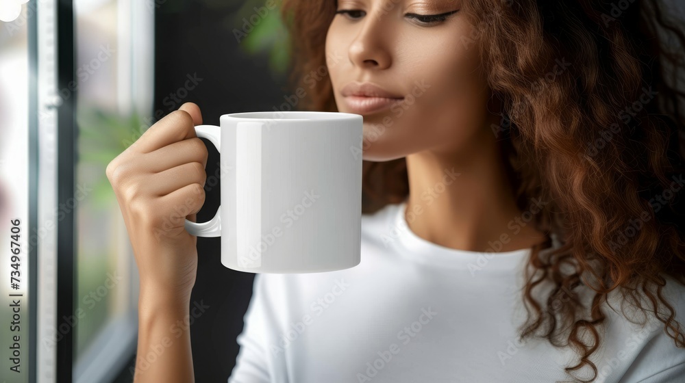 woman holding up a white coffee mug woman holding up a white coffee mug