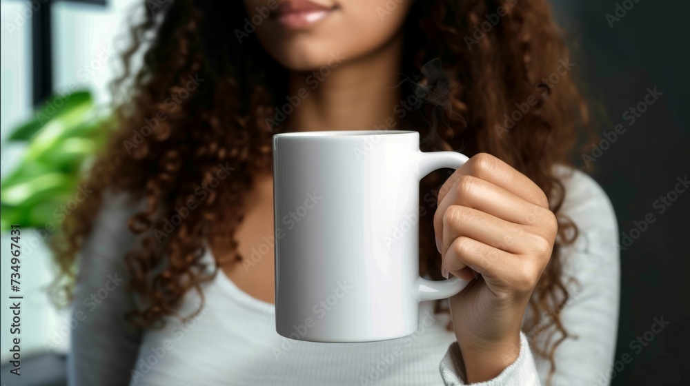 woman holding up a white coffee mug woman holding up a white coffee mug