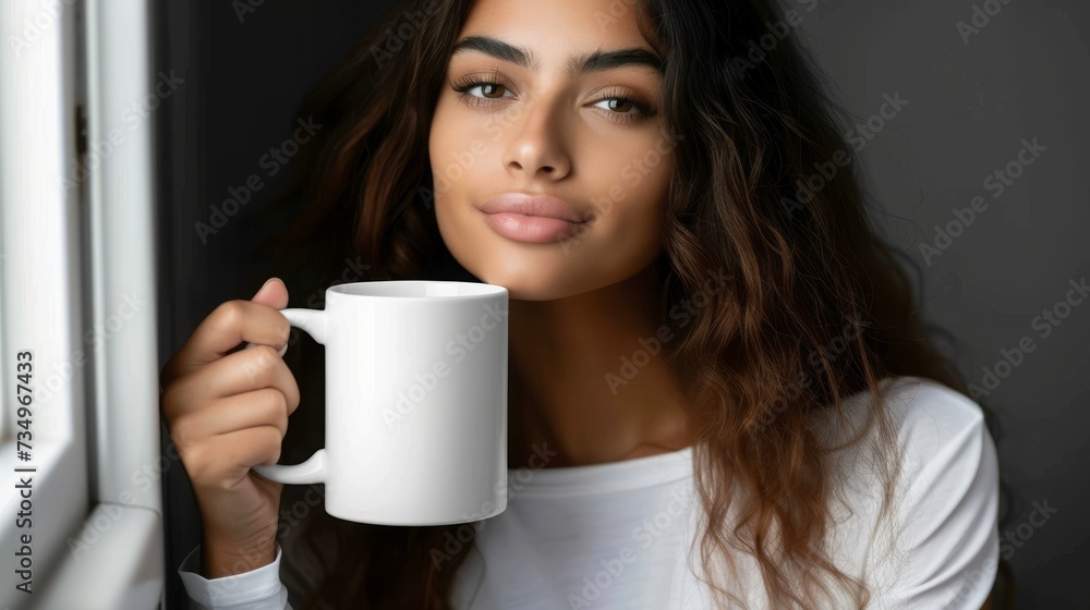 woman holding up a white coffee mug woman holding up a white coffee mug