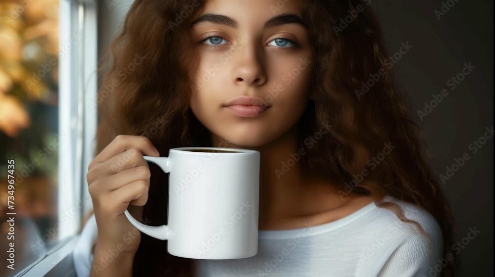 beautiful girl holding a white mug beautiful girl holding a white mug