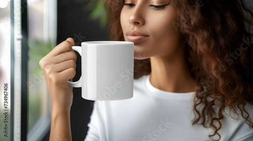woman holding up a white coffee mug