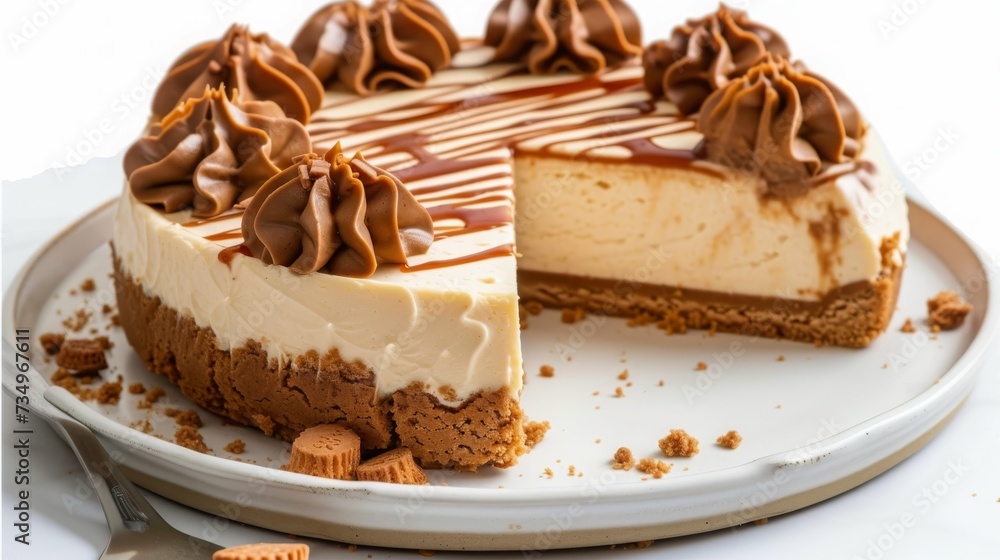 biscoff lotus cheesecake, on the plate, white background biscoff lotus cheesecake, on the plate, white background