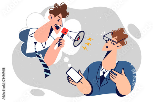 Employee receives reprimand from boss via voice message in phone, stands near manager with megaphone