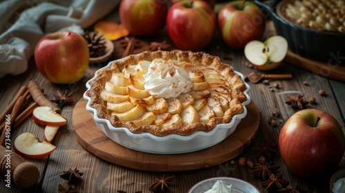 classic apple pie with whipped cream served on table 