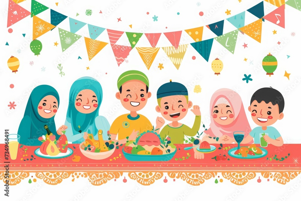 illustration Muslim family eating meal on Ramadhan and enjoying together in happiness in the living room illustration Muslim family eating meal on Ramadhan and enjoying together in happiness in the living room