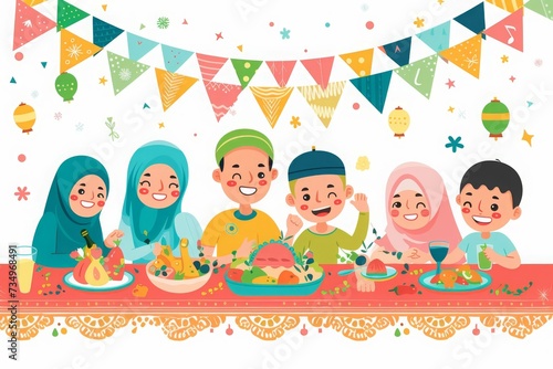 illustration Muslim family eating meal on Ramadhan and enjoying together in happiness in the living room