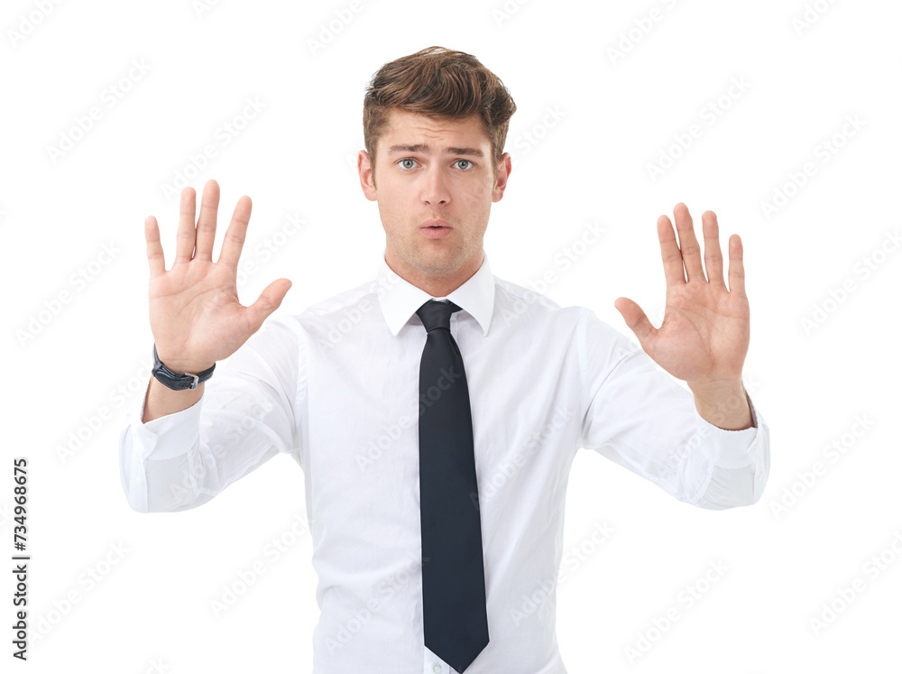 Portrait, business and man with warning, hands up and employee isolated on a white studio background. Face, person and consultant with hand gesture and stop with sign language and reject with review Portrait, business and man with warning, hands up and employee isolated on a white studio background. Face, person and consultant with hand gesture and stop with sign language and reject with review
