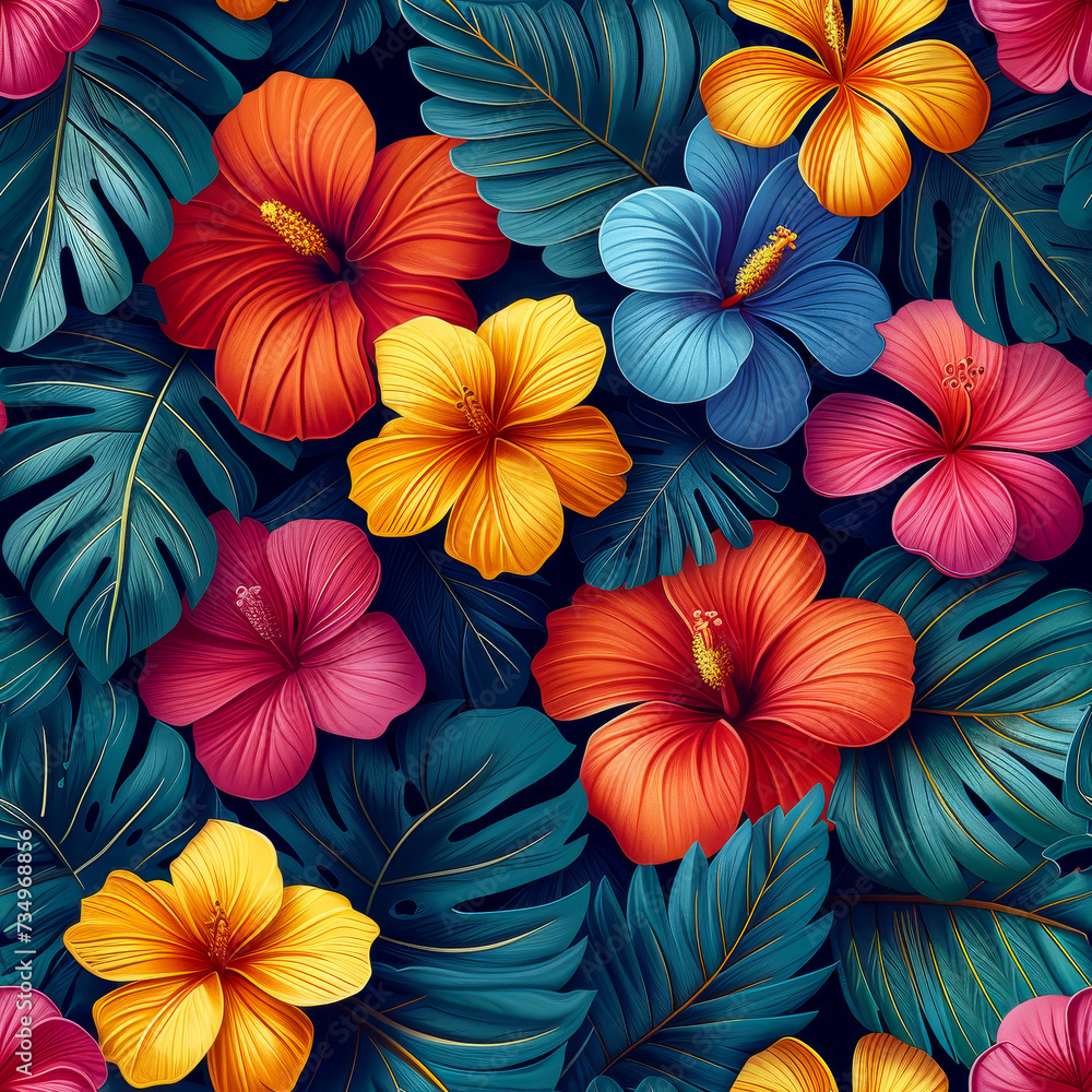 Tropical rainforest leaves and flowers as background, ai generated Tropical rainforest leaves and flowers as background, ai generated