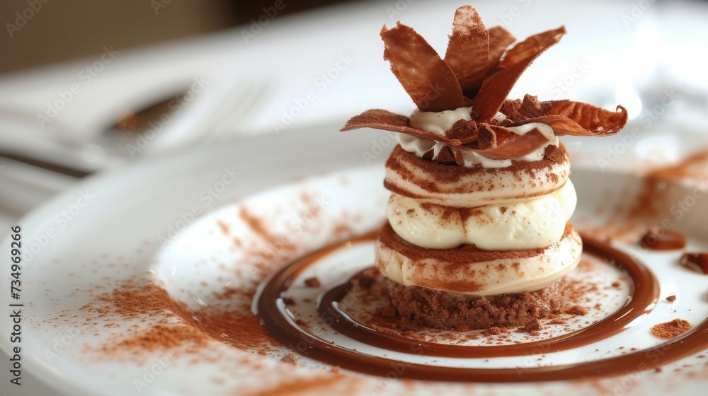 Tiramisu cake decorated with cocoa powder and delicious chocolate on white ceramic plate Tiramisu cake decorated with cocoa powder and delicious chocolate on white ceramic plate