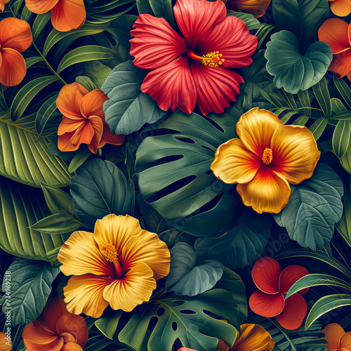 Wallpaper Mural Tropical rainforest leaves and flowers as background, ai generated Torontodigital.ca