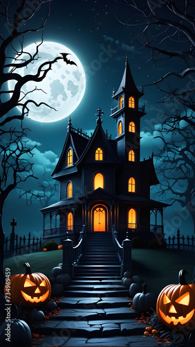 Halloween spooky nighttime scene horizontal background. Halloween background with castle