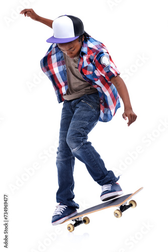 Skateboard, trick or African kid in studio with trendy fashion, skill or talent with jump or cool style. Skater, performance or young male child skateboarding with energy isolated on white background